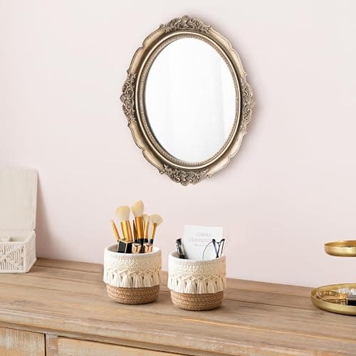 Mkono Macrame Makeup Brush Holder, Boho Mini Storage Basket Set of 2 | X-Small 3.9"W x 3.9"H, Yellow and White, Comb Pens Tiny Succulents Holder, Bedroom Vanity Living Room Bathroom Dorm Office thumbnail 2