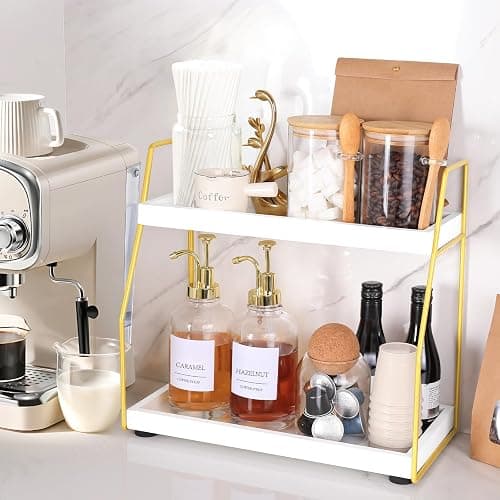 Coffee Bar Accessories,Coffee Station Organizer with Multi-Functional,CoffeeBar Decor for Accessories,2 Tier Wooden Shelf Gold Metal Station Organizer for Countertop,Syrup thumbnail 2