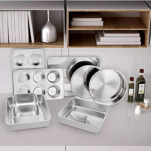 TeamFar Stainless Steel Bakeware Set of 8, Baking Roasting Toaster Oven Pans, Lasagna/Square/Round Cake Pan, Loaf Pan & Muffin Pan, Non-Toxic & Sturdy, Smooth & Dishwasher Safe thumbnail 2