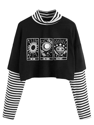 SweatyRocks Women's Color Block Butterfly Print Striped Long Sleeve Crop Top T Shirt - Image 1