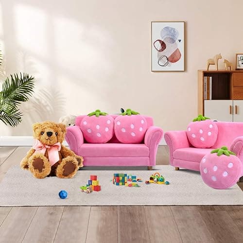 Fireflowery Kids Sofa, Children Upholstered Loveseat Lounge Bed w/ 2 Cute Strawberry Pillows, Children Couch Armrest, Double Seat Kid Sofa for Playroom Bedroom Living Room Baby Room, Pink thumbnail 5
