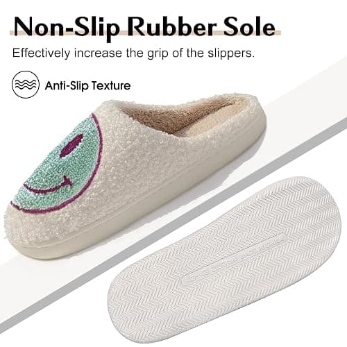 Bevaney Smile Face Slippers for Women - Soft Plush Retro Preppy Slip-on Comfortable Indoor/Outdoor Shoes thumbnail 4