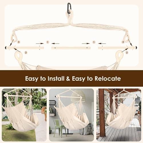 Highwild Hammock Chair Hanging Rope Swing - Max 500 Lbs - Steel Spreader Bar with Anti-Slip Rings - for Any Indoor or Outdoor Spaces (Beige) thumbnail 6