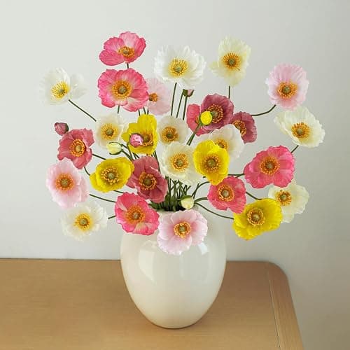 Wenhuidr 12PCS 36Heads Artificial Poppy Flowers with Stems, Silk Iceland Poppies Fake Flowers, Faux Poppy Bouquet for Wedding Table Arrangements Party Floral Display Home Decor (White+Yellow+Pink) - Image 1