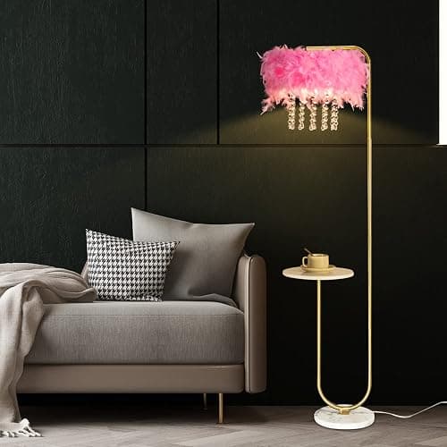 beaysyty Unique Led Pink Feather Floor Lamp with Tray,Ostrich Feather Stand Lamp,Living Room Bedroom Office Shop Window Decoration Lamp,Foot Switch and Brass/Gold Finish Arc Floor Lamp thumbnail 3