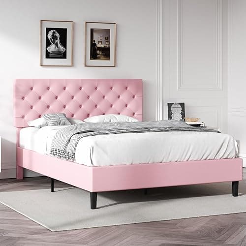 REVOMINCA Full Bed Frame with Headboard, Faux Leather Upholstered Platform Bed Frame, Pink Bed Frame Full Size, Wooden Slat Support, No Box Spring Needed, Pink - Image 1