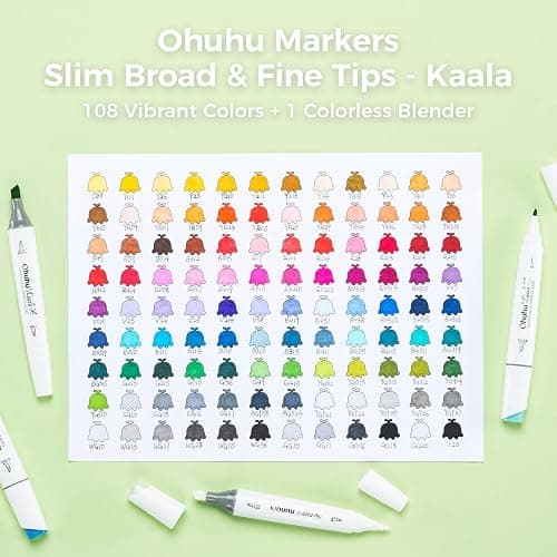 Ohuhu Markers, 108 Colours Slim Broad and Fine Double Tipped Refillable Alcohol Markers, Art Pens for Artists Adults Colouring Drawing Sketching Illustrations Design Anime - Kaala Series thumbnail 6