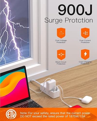 Power Strip Surge Protector, BESHON 5Ft Extension Cord, 6 Outlets with 4 USB Ports (2 USB C Outlet), 3-Side Outlet Extender, Wall Mount, Compact for Travel, Home, School, College Dorm Room and Office thumbnail 5