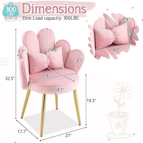 VINGLI Petal Makeup Vanity Chair with Back,Flower Cute Girls Desk Chair Comfy No Wheels,Modern Dining Chair,Small Accent Chair with Adustable Gold Legs&Bow Pillow for Home Office,Bedroom,Velvet,Pink thumbnail 2