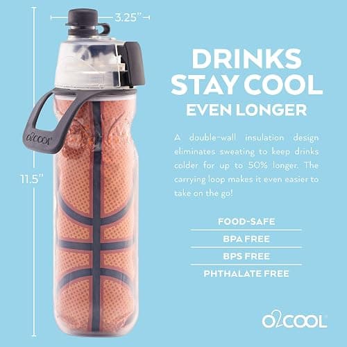 O2COOL Mist 'N Sip Misting Water Bottle 2-in-1 Mist And Sip Function With No Leak Pull Top Spout Reusable Sports Water Bottle - 20 oz (Basketball) thumbnail 2