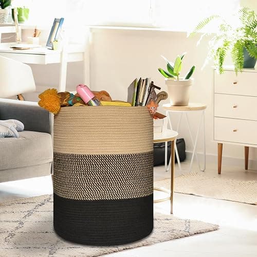 COMSE Extra Large Blanket Basket, Tall Woven Storage Basket, Nursery Hamper, 15.7”x 21.7”, Cotton Rope Laundry Hamper for Toys Clothes Towels, Brown/Black thumbnail 2