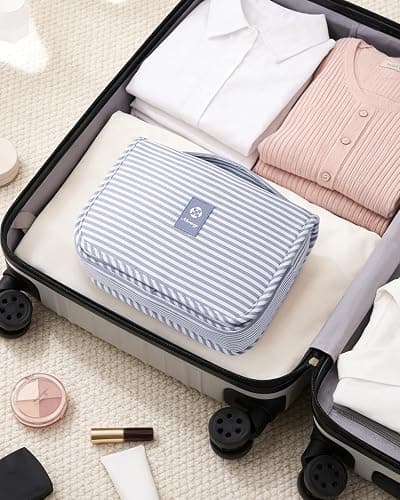 Narwey Small Hanging Toiletry Bag for Travel Women Girl, Striped Toiletries Travel Bag with Hook, Hanging Makeup Bag Organizer Make Up Cosmetic Bags, Gifts for Kids Teen (Greyish Blue Stripe) thumbnail 7