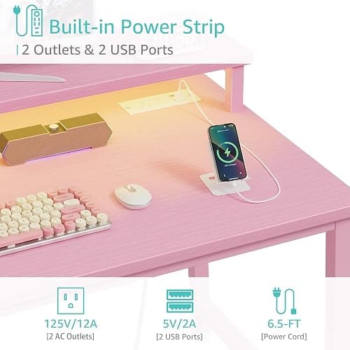 Lufeiya Girls Desk with Power Outlets and LED Lights, 40 Inch Gaming Desk Table with Charging Station, Home Office Computer Desks with Monitor, Pink thumbnail 4