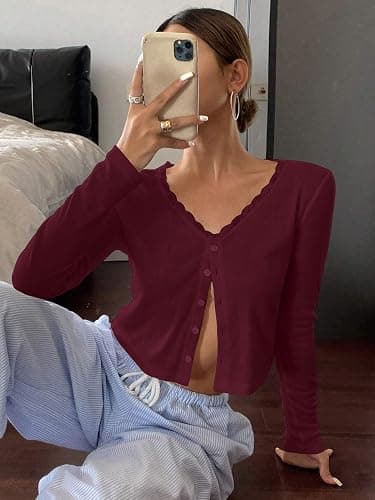 BAIGRAM Women Long Sleeve Button Down Open Front V Neck Crop Cardigan Shirt Y2K Lace Patchwork Pointelle Knit Minimalist Tops thumbnail 3