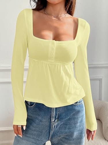 SOLY HUX Women's Babydoll Tops Long Sleeve Henley Shirts Cute Square Neck Coquette Peplum Top thumbnail 2