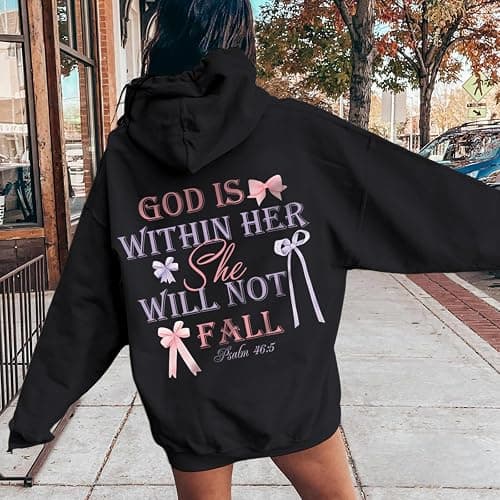 Cayxatiu God is Within Her She Will Not Fall Christian Hoodies for Women Jesus Bible Verse Hoodie Bow Hoodie thumbnail 5