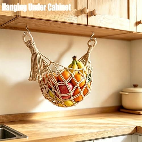 Halidali Hanging Fruit Hammock for Kitchen Under Cabinet, 2 Pack Basket Fruit Holder Net Boho Handwoven Vegetable Storage Organizing Saves Counter Space for Potato, Onion, Gifts (Linen) thumbnail 2