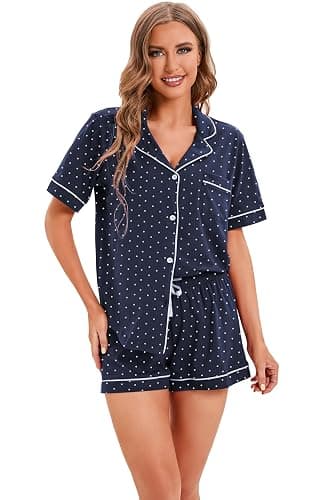 LUBOT 100% Cotton Pajamas for Women 2 Piece PJ Set Button-Down Soft Knit Short Sleeve Summer Sleepwear Loungewear XS-XXL thumbnail 4