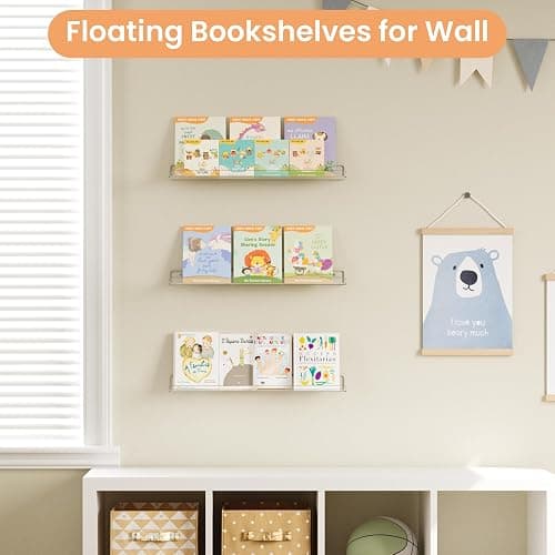 upsimples 2 Pack 23.6x5.5 Inches Acrylic Shelves for Wall Storage, Floating Bookshelves for Kids, Display Shelf Organizer for Bathroom, Bedroom, Living Room, Kitchen, Clear thumbnail 4
