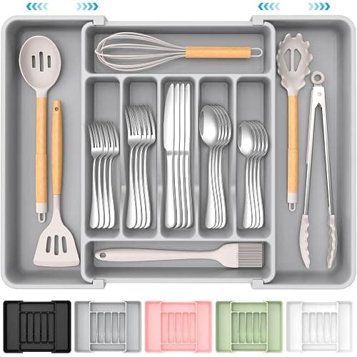 ukeetap Extra Large Expandable Silverware Organizer, BPA-Free Food-Safe Cutlery Flatware Organizer, Kitchen Utensil Drawer Organizer, Adjustable Silverware Holder for Spoons Forks Knives, Gray - Image 1