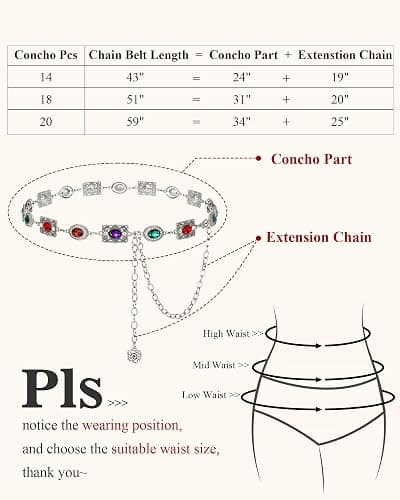 JKEEMI Women Western Concho Chain Belt Vintage Rhinestone Gems Boho Metal Waist Chain Jeans Dress Daily Concert Halloween thumbnail 6
