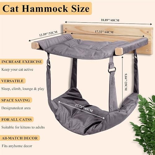 JSPYFITS Wooden Cat Wall Hammock, 18.9 x 12.6 Inch Double Layer Cat Furniture Hammock, Large Removable Multi-Function Cats Bed for Sleep/Play/Climb/Lounge Easy DIY Installation(Grey) thumbnail 4