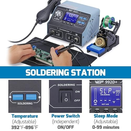 WEP 992D+ 2-in-1 Soldering Iron Kit and Hot Air Rework Station with 3 Preset Channels, LCD Display, Interchangeable Handles, Sleep Mode, X-2 Iron Holder, 5 Iron Tips, Desoldering Pump and Tweezers thumbnail 5