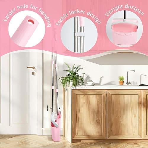 XXFLOWER Long Handle Dustpan and Brush Sets, Broom and Dustpan Set with Comb Teeth, Sweeping Brush Set for Indoor Kitchen Lobby Office Sweeping Pet Dog Hair, Household Cleaning Supplies(Gray Pink) thumbnail 6