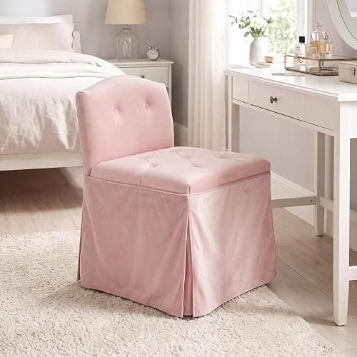 DM Furniture Pink Velvet Makeup Vanity Chair with Back & Wheels | Upholstered Skirted Vanity Stool, Metal Legs, Armless, Swivel Slipper Accent Chair, Rolling Desk Chair, Living Room, Bedroom - Image 1