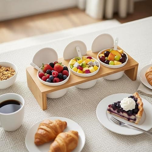MyGift 10 Pcs Sauce Serving Dish, Hosting Party Essentials Host Gift, 3 Ceramic Ramekin Chip Dip Bowls with Lids & Spoons, Premium Bamboo Server Tray, Condiment Pot Entertaining thumbnail 5