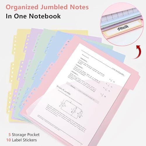 Aesthetic 5-Subject Notebook College Ruled with 5 Movable Tab Dividers & Pockets, 150 Sheets, 3-Hole Punched, Spiral Notbook, Plastic Cover, Fits 8.5"x11", 68gsm Paper, Includes Writable Stickers – Cute School Journal or Office Supplies, Pink thumbnail 3