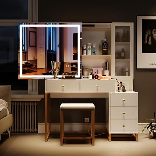 Wildhome Vanity Set with Lighted Mirror and Charging Station, Extra Large Mirror Makeup Vanity Table with Cushioned Stool,5 Drawers, Modern Vanity Table with Nightstand - Image 1