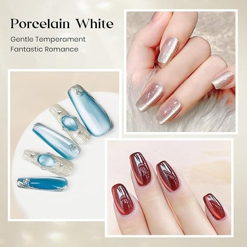 MIZHSE Cat Eye Gel Nail Polish, 8 Colors Moonlight Magnetic Gel Polish Set with Magnet Stick, Glassy Effect Crystal Holographic Silver Brown Green Purple Fall Colors Soak Off Nail Art Gift for Women thumbnail 4
