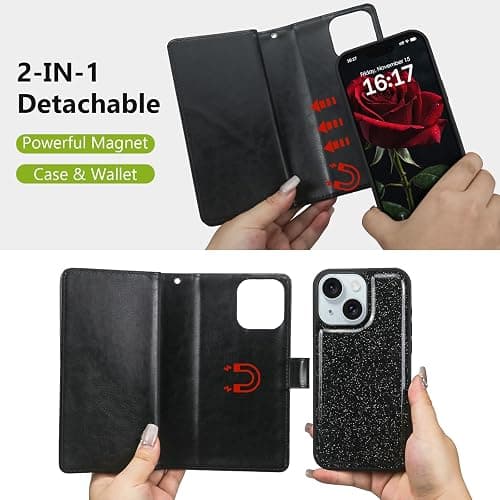 Varikke for iPhone 15 Case Wallet Strong Magnetic Detachable, Black | Magnetic Detachable Phone Cover, with 9-Card Holder Slots, Glitter PU Leather Flip Removable Wallet for Women with Wristlet thumbnail 4