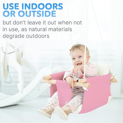 CaTeam - Canvas Baby Swing, Wooden Hanging Swing Seat Chair with Safety Belt, Durable Baby Swing Chair, Outdoor and Indoor Swing for Kids, Mounting Hardware Included, Pink thumbnail 7