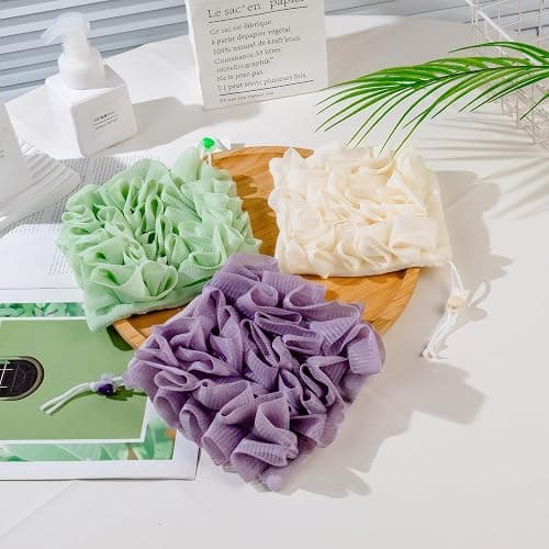 3 PCS Soap Bar Loofah, 2 in 1 Bar Soap Loofah Pouch, Washcloth Leefah Combo with Drawstring, Leefah Cloth for Body Wash Cleansing and Smooth Skin(Purple, Green, White) thumbnail 3