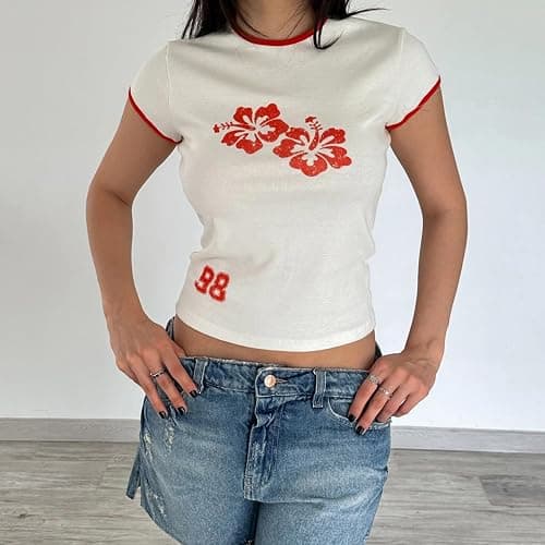Y2k Graphic Baby Tees Women Teen Girl Fruit Print Crop Top Short Sleeve Slim Fit Vintage Aesthetic T Shirt Clothes - Small - Milky Hibiscus Floral thumbnail 3