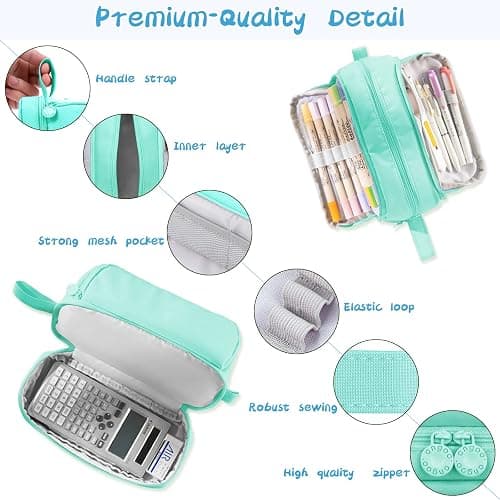 Eucomir Large Stationery Organizer with 4 Compartments - Aesthetic Pencil Case for Kids, Women, Men & Teenagers - Light Green thumbnail 4