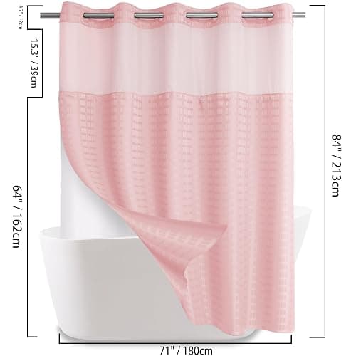 Conbo Mio Extra Long No Hook Shower Curtain with Snap in Liner Set, Hotel Luxury Pink Shower Curtains for Bathroom with See Through Top Window, Waterproof, Washable 71W x 84H thumbnail 2