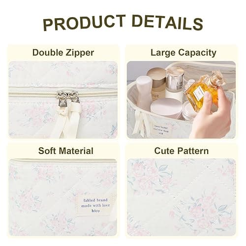 GISMTR Makeup Bag, Floral Quilted Cosmetic Bag, Large Travel Aesthetic Make up Bag, Cute Coquette Toiletry Bag for Women Girls thumbnail 3