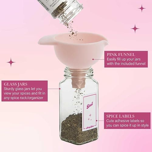 Paris Hilton Glass Spice Jar Storage Set, 4-Ounce Empty Spice Jars with Labels, Shaker Caps and Metal Lids, Collapsible Funnel Included, 20-Piece, Pink thumbnail 6