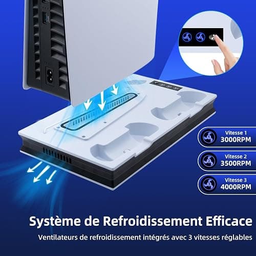 Wigearss PS5/PS5 Slim/PS5 Pro Ventilateur Station de Refroidissement, Support de Charge Vertical avec Chargeur Double Manette, Vitesse de Ventilation Réglable sur 3 Niveaux thumbnail 3