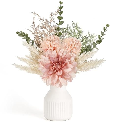 Mkono Small Artificial Flowers in Ceramic Vase 13.5" Centerpieces Coffee Table Decor, Silk Flower Arrangements for Home Decor Indoor Fake Flower Bouquet for Bathroom Dining Room Kitchen Wedding Pink - Image 1