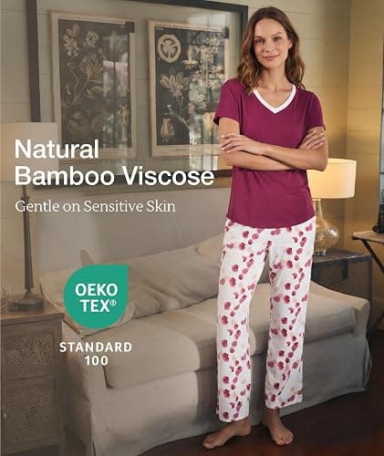 GYS Bamboo Viscose Pajamas for Women Cooling Sleepwear for Hot Flashes | Short Sleeve V-Neck, Luxury Soft Sleep Lounge Set, Moisture Wicking, Breathable for Night Sweats, Oeko-Tex Certified thumbnail 3