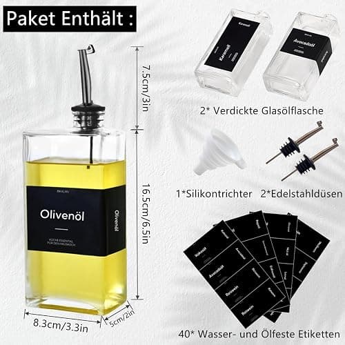 BIKALAN Ölflasche mit Ausgießer, Kaffee Sirup Spender Glas Set, Olivenöl Flasche Set, 500ML Ölspender Glas, Oil Dispenser Sirup Pumpspender mit 40 Aufkleber, Trichter (Schwarz, 500 Milliliter) thumbnail 3