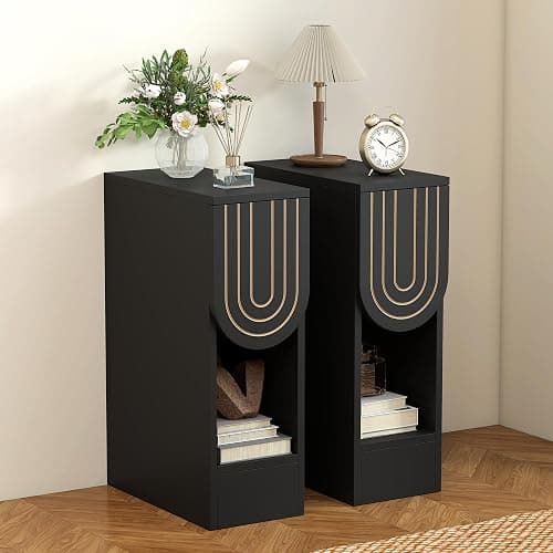 weselon Narrow Nightstands Set of 2, Black Bedside Table with Carved Drawer and Storage Shelf, Mid-Century Modern Slim Side End Table for Bedroom Compact Space, Wooden Small Night Stand (2, Black) thumbnail 8