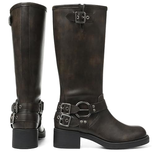 AMINUGAL Knee High Boots Women Square Toe Pull On Wide Calf Riding Fashion Buckles Chunky Metallic Casual Vintage Buckle Rivet thumbnail 6