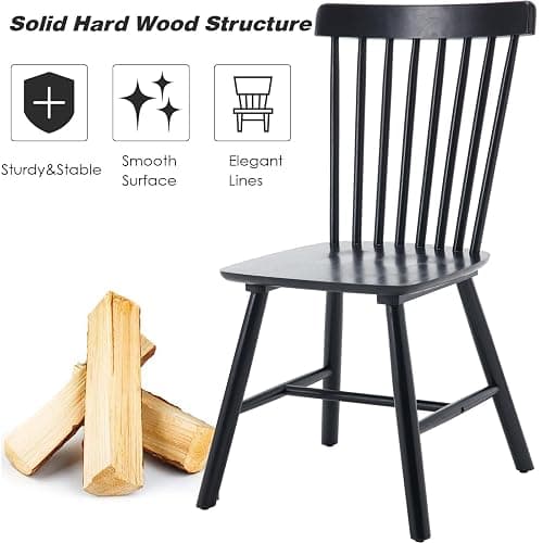 Kmax Dining Chairs Set of 6, Vintage Kitchen Chairs Windsor Chairs with Solid Wood Legs Country Farmhouse Style, Black - 6 CHAIRS - Black thumbnail 4