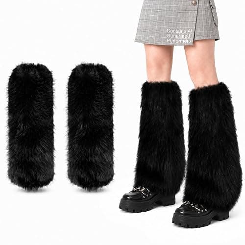 RAINFLOW Black Fur Leg Warmers - Faux Fur Boot Covers for Adult Women | Fuzzy Boot Cuffs for Y2K Halloween Costumes, Christmas Costume Outfit, Festival Rave Wear, Winter Fashion, Stage Performance - Image 1