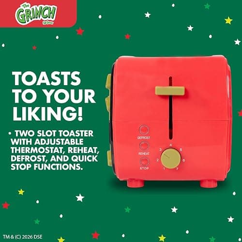 Uncanny Brands Dr. Seuss How the Grinch TV Toaster, 2-Slice Holiday Breakfast Gift, Grinch Face Toast Design thumbnail 5